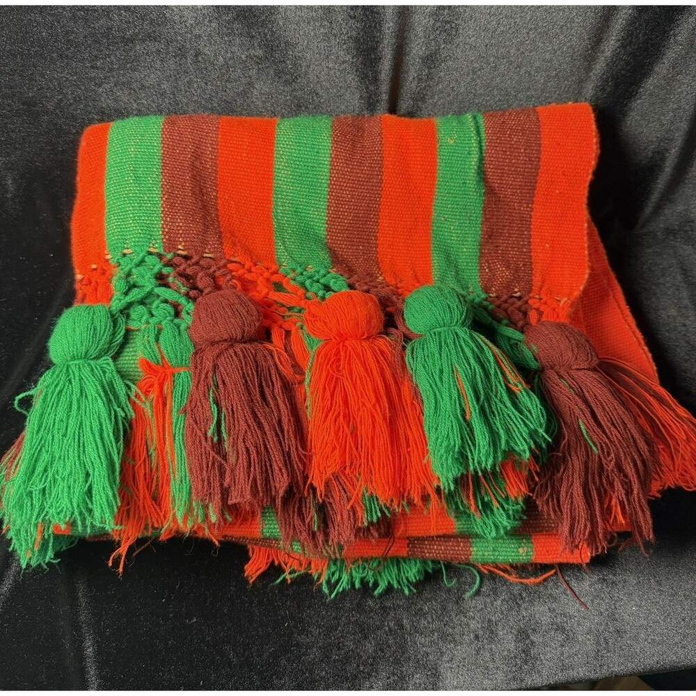 Vintage Indian Shawl Scarf Striped Blaze Red Green Burgundy Pom Pom Native